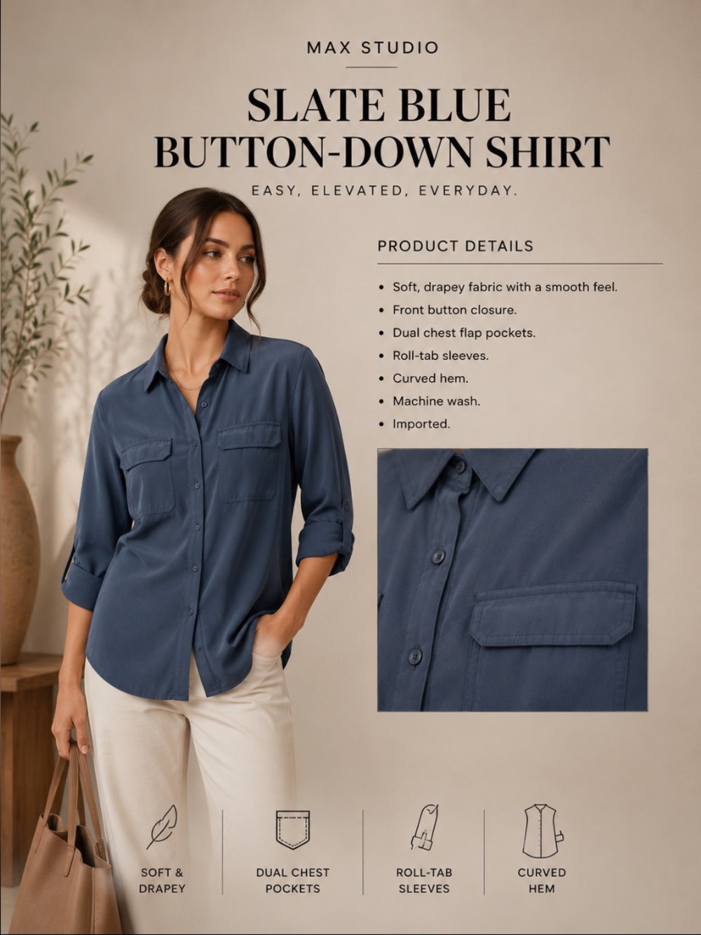 Max Studio Slate Blue Button-Down Shirt